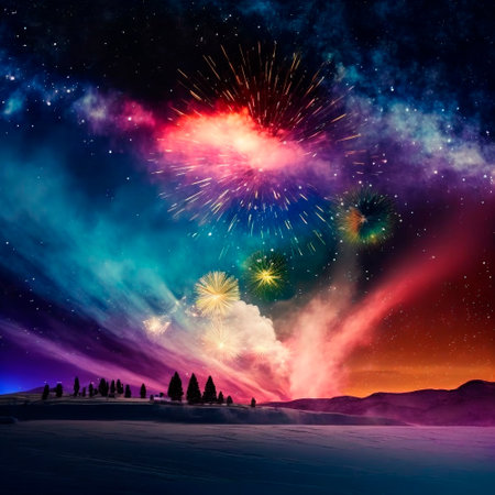 Bright night sky with fireworks. high quality illustrationの素材
