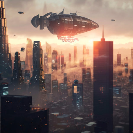 Steampunk airship flies over a modern city. high quality illustrationの素材