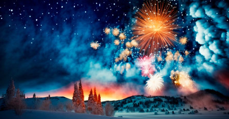 Bright night sky with fireworks. high quality illustrationの素材