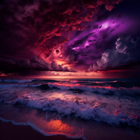 glowy purple sunset on the beach. high quality illustrationの素材