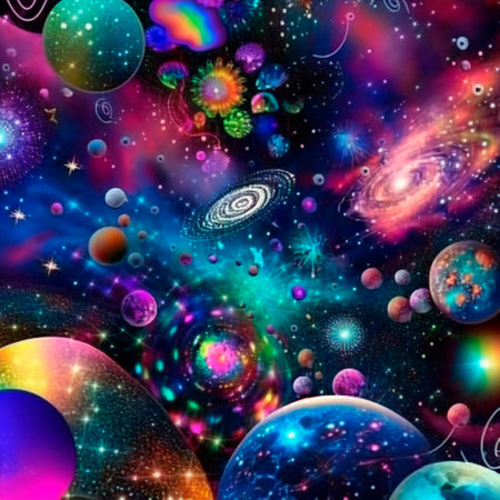 space background with different elements of rainbow colors. high quality illustrationの素材