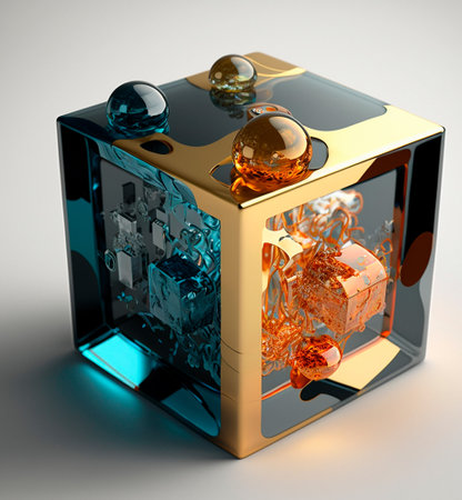 Metallic gold cube with glass sides. high quality illustrationの素材