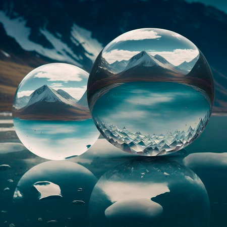 Transparent water spheres against a stunning backdrop of mountains and water. Reflection of the landscape and elements inside the spheres. high quality illustrationの素材