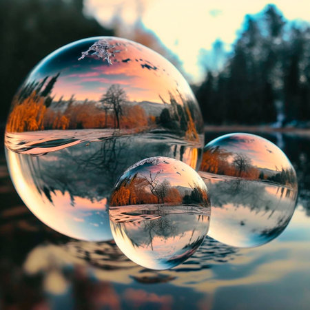 Transparent water spheres against a stunning backdrop of mountains and water. Reflection of the landscape and elements inside the spheres. high quality illustrationの素材