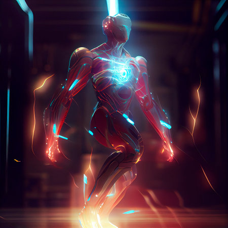 Modernized cyborg. Man in a robotic exoskeleton. new weapon. high quality illustrationの素材