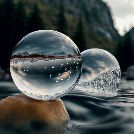 Transparent water spheres against a stunning backdrop of mountains and water. Reflection of the landscape and elements inside the spheres. high quality illustrationの素材
