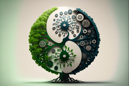 Black and green Yin and Yang logo made with wood elements. Green world concept. high quality illustrationの素材