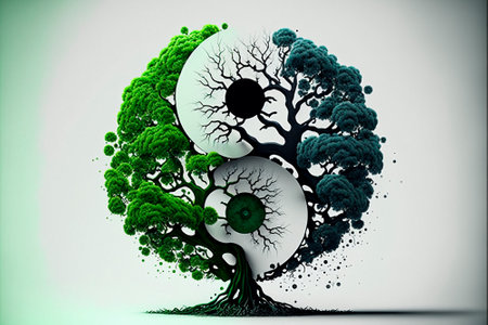 Black and green Yin and Yang logo made with wood elements. Green world concept. high quality illustrationの素材