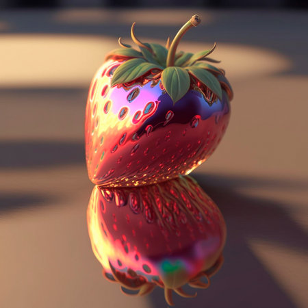 3d image of a shiny and juicy strawberry on the table . high quality illustrationの素材