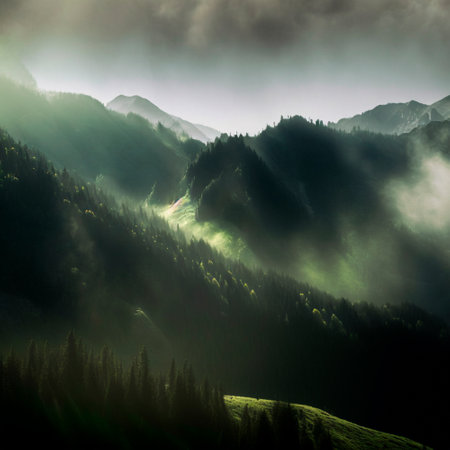 green mountain range. Landscape of misty mountains. high quality illustrationの素材