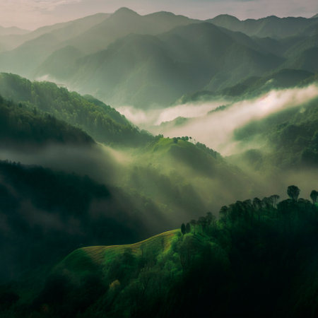 green mountain range. Landscape of misty mountains. high quality illustrationの素材