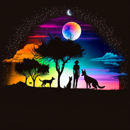 man under the moon with his dogs, drawing 2d. high quality illustrationの素材