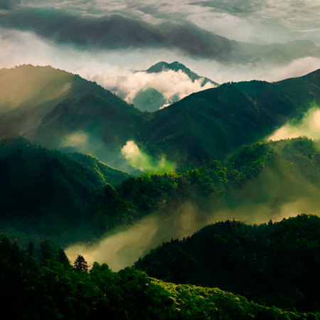 green mountain range. Landscape of misty mountains. high quality illustrationの素材