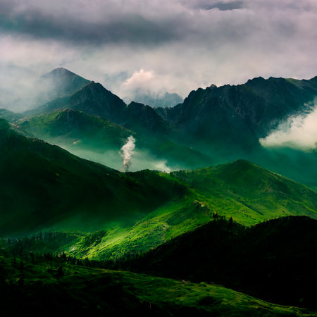 green mountain range. Landscape of misty mountains. high quality illustrationの素材
