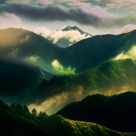 green mountain range. Landscape of misty mountains. high quality illustrationの素材