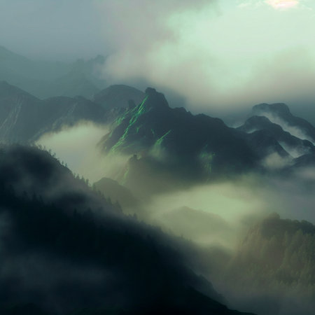 green mountain range. Landscape of misty mountains. high quality illustrationの素材