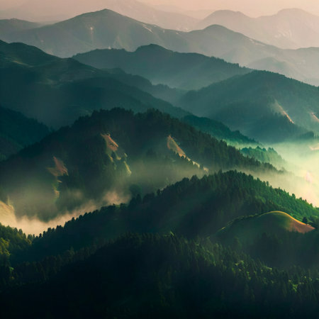 green mountain range. Landscape of misty mountains. high quality illustrationの素材