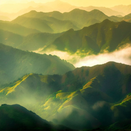 green mountain range. Landscape of misty mountains. high quality illustrationの素材