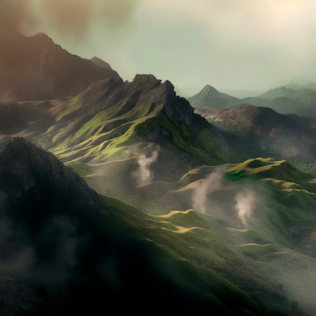 green mountain range. Landscape of misty mountains. high quality illustrationの素材