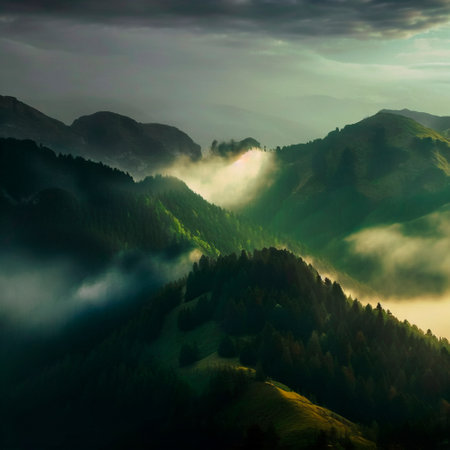 green mountain range. Landscape of misty mountains. high quality illustrationの素材