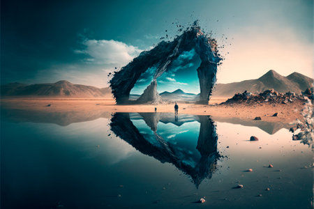 portal to another world on the river bank. high quality illustrationの素材