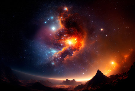 Space sky over the mountains. Milky way and space. high quality illustrationの素材