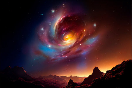 Space sky over the mountains. Milky way and space. high quality illustrationの素材