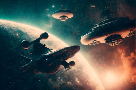 intergalactic spaceships on the background of planets and space. high quality illustrationの素材