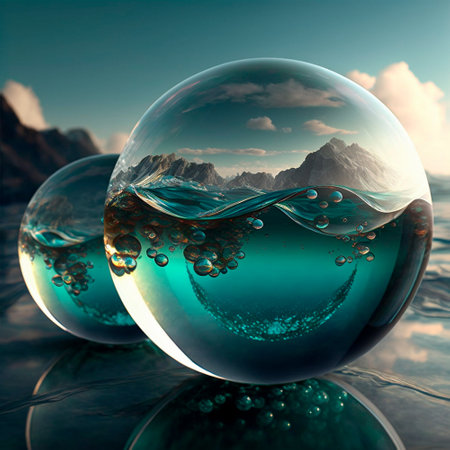 Transparent water spheres against a stunning backdrop of mountains and water. Reflection of the landscape and elements inside the spheres. high quality illustrationの素材