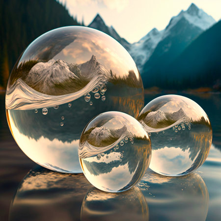 Transparent water spheres against a stunning backdrop of mountains and water. Reflection of the landscape and elements inside the spheres. high quality illustrationの素材