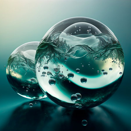 Transparent water spheres against a stunning backdrop of mountains and water. Reflection of the landscape and elements inside the spheres. high quality illustrationの素材