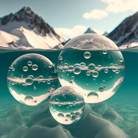 Transparent water spheres against a stunning backdrop of mountains and water. Reflection of the landscape and elements inside the spheres. high quality illustrationの素材