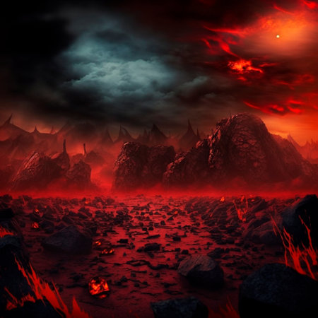 Red mountains, flashes and cracks on the surface. Gloomy sky. Magma and lava spread over the mountains. Lava world collection. high quality illustrationの素材