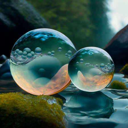 Transparent water spheres against a stunning backdrop of mountains and water. Reflection of the landscape and elements inside the spheres. high quality illustrationの素材