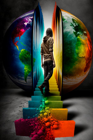Guy Climbing the stairs, psychedelic colors, searching for himself. high quality illustrationの素材
