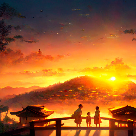 Happy family on a hill looking at the sun. high quality illustrationの素材