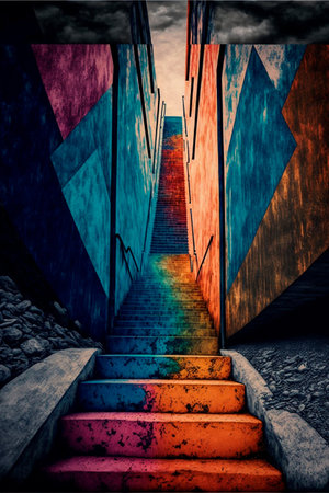 Climbing the stairs, psychedelic colors, searching for himself. Stairway to other world. high quality illustrationの素材
