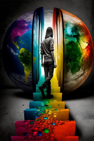 Guy Climbing the stairs, psychedelic colors, searching for himself. high quality illustrationの素材