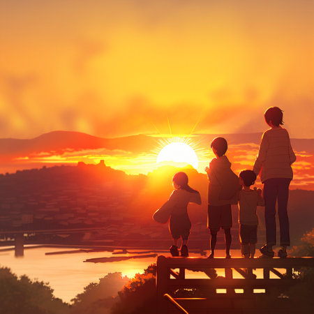 Happy family on a hill looking at the sun. high quality illustrationの素材