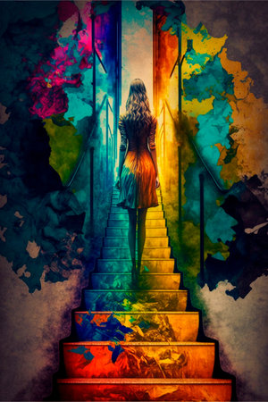 Girl climbing stairs, psychedelic colors, finding herself. high quality illustrationの素材