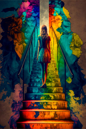 Girl climbing stairs, psychedelic colors, finding herself. high quality illustrationの素材