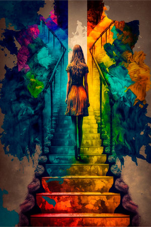 Girl climbing stairs, psychedelic colors, finding herself. high quality illustrationの素材