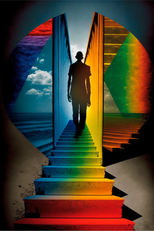 Guy Climbing the stairs, psychedelic colors, searching for himself. high quality illustrationの素材