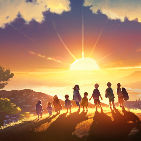 Happy family on a hill looking at the sun. high quality illustrationの素材