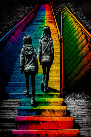 Two girls Climbing stairs, psychedelic colors, searching for themselves. high quality illustrationの素材