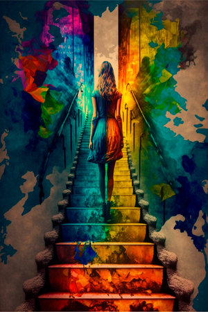 Girl climbing stairs, psychedelic colors, finding herself. high quality illustrationの素材