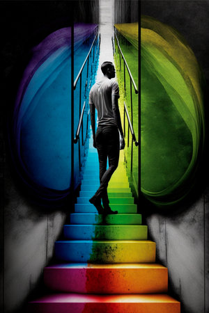 Guy Climbing the stairs, psychedelic colors, searching for himself. high quality illustrationの素材