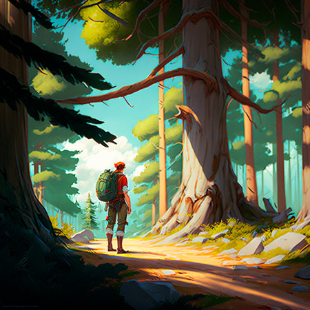 Illustration of a traveler walking in the forest. high quality illustrationの素材