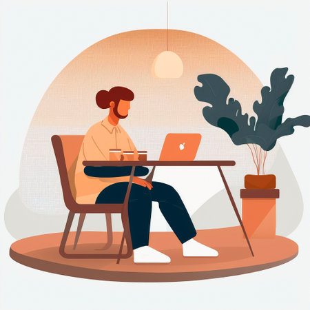 A simple illustration of a developer sitting at a laptop. high quality illustrationの素材