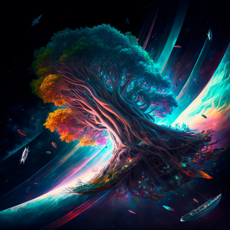 Magic colorful tree in space flying through space. high quality illustrationの素材
